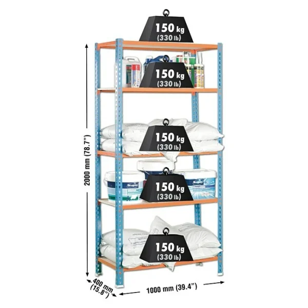 BAUHAUS Simonrack Maderclick Metallregal Plus L X B X H: 40 X 100 X 200 Cm, Traglast: 150 Kg/Boden, Anzahl Böden: 5, Stecken, Blau/Orange 3
