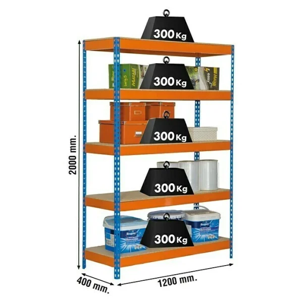 BAUHAUS Simonrack Bricoforte Metall-Schwerlastregal L X B X H: 60 X 100 X 200 Cm, Traglast: 300 Kg/Boden, Anzahl Böden: 5, Blau/Orange, Material Boden: Holz 4